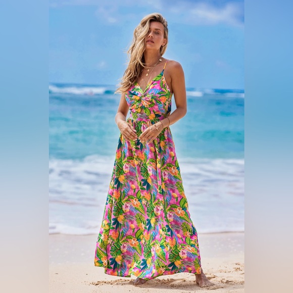 Cupshe Pink Tropical Floral Maxi Dress Open Tie Back Size Medium - Picture 3 of 11